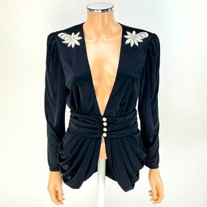 FILIGREE vintage evening blouse SIZE 8 black pearl epaulettes buttons top